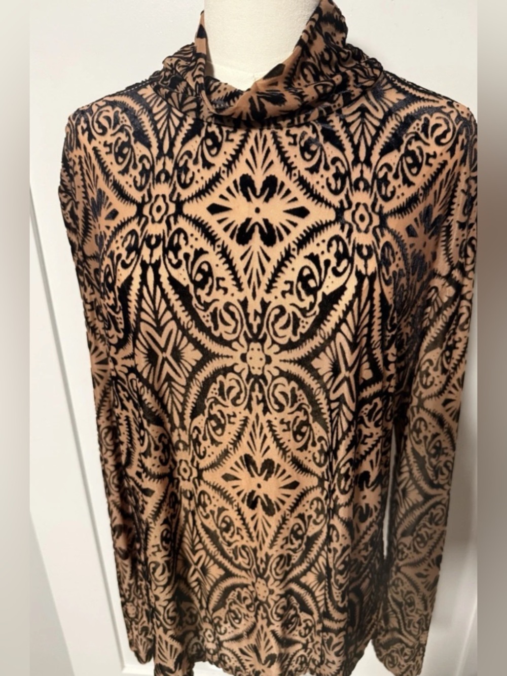 Live Love Dream 3XL Velvet Burnout Mesh Top Tan Black Cowl Neck Tunic